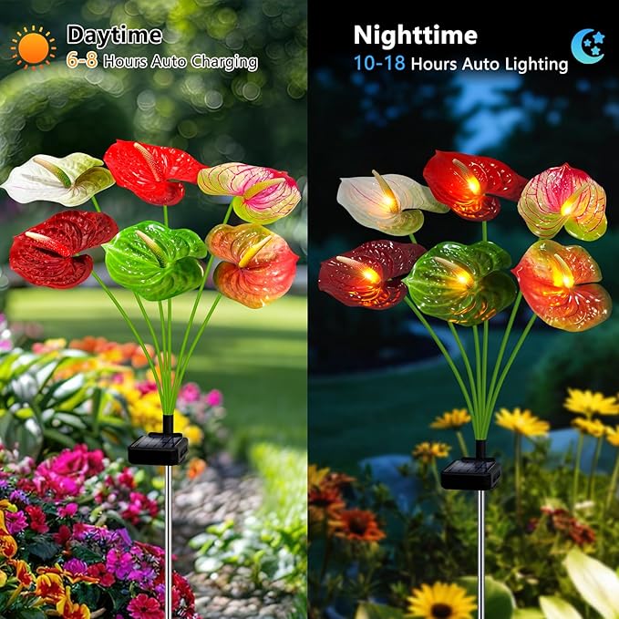 Solar Lights Outdoor,4 Packs Solar Garden Flower Lights with Anthurium Plant Lights,Garden Birthday Gifts for Women,Waterproof Solar Stakes Lights for Outside Yard Patio Lawn Decoration-VerdiqueGarden