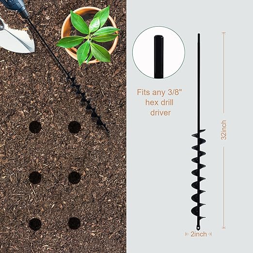 32" x 2" Extended Length Auger Drill Bit for Planting Bulb & Bedding Plant Auger, Garden Plant Auger, No Need to Squat Post Hole Digger for 3/8" Hex Drive Drill, Earth Auger Bulb Planter Tool-VerdiqueGarden