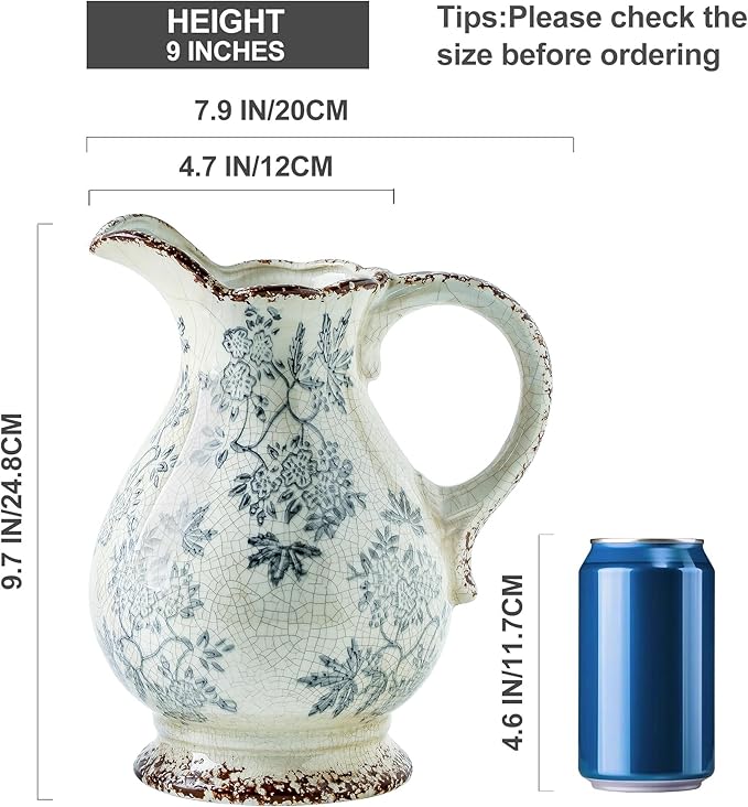 Enra Large Vintage Blue and White and Pitcher for Home Decor, 9.7 Inch Rustic Chinoiserie Decorative Vases, Green and Beige Ceramic Vases for Living Room, Kitchen, Office – Large Vases for Decor-VerdiqueGarden
