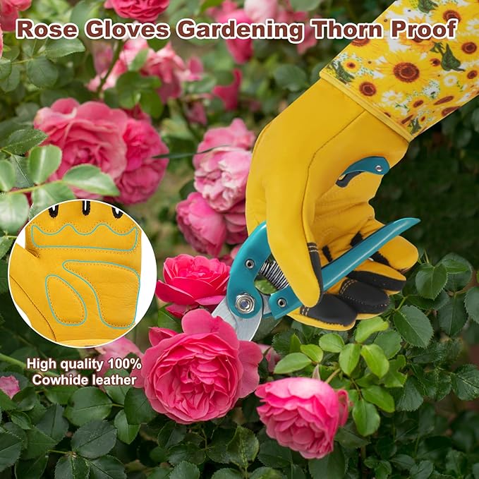 DLY Gardening Gloves for Women, Rose Gloves Gardening Thorn Proof, Long Garden Gloves for Women, Breathable Cowhide Leather Gauntlet (Medium, Yellow-VerdiqueGarden