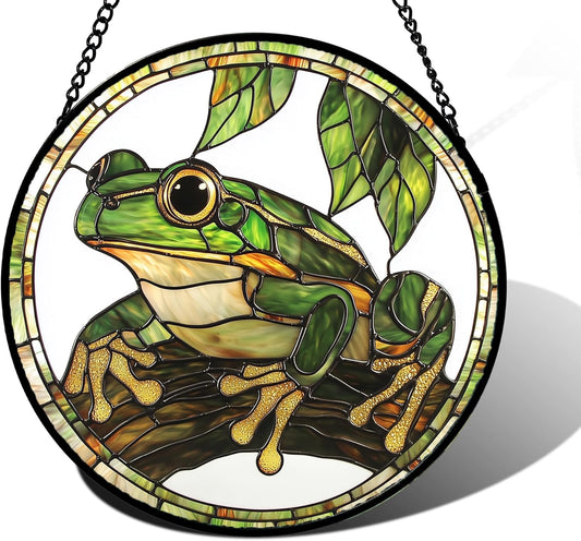 Stained Glass Window Hanging, Frog Green Leaf Sun Catchers Colorful Glass Panel Cool Suncatcher Decor for Birthday for Women, Men, Wife, Aunt, and Mom 6.3 in-VerdiqueGarden