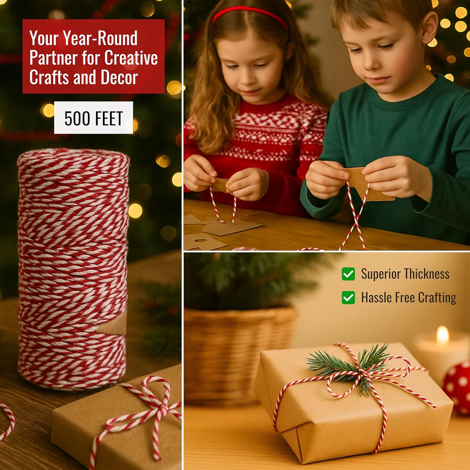 Red and White Organic Twine Cotton String - 500 Feet Wrapping, Baking, Butcher, Crafts, DIY Projects, Easter, Christmas-VerdiqueGarden