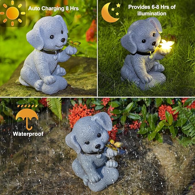 Solar Dog Statue Garden Decor with Butterfly Light – Waterproof Outdoor Yard Art for Patio, Lawn, Balcony for Mother’s Day, Father’s Day, Housewarming, Mom, Dad, Grandma, Men, Women-VerdiqueGarden