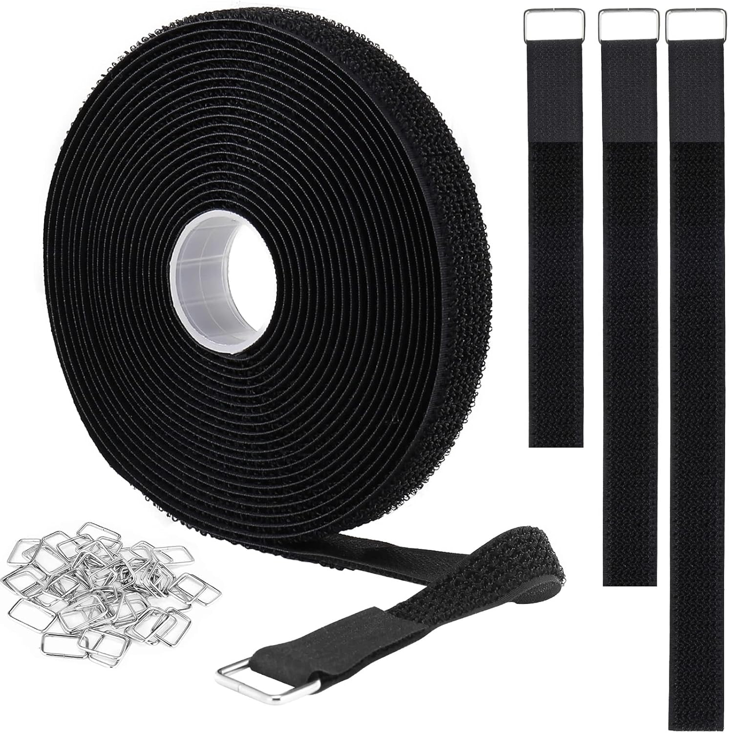 1"x16ft Hook and Loop Straps with 25 Metal Buckles, Adjustable Fastening Cable Straps, Cut-to-Length Cinch Strap, Reusable Nylon Securing Cord Ties for Organizer or Storage, 1 inch Wide, Black-VerdiqueGarden