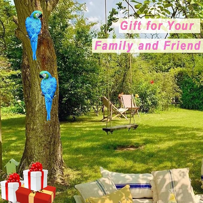 12inch Blue Parrot Tiki Bar Statue for Pool Decorations, Outdoor Parrot Deck Decor, Resin Plastic Parrot Sculpture for Porch, Life Size Tropical Birds for Yard, Tree Faces Animals(Blue)-VerdiqueGarden