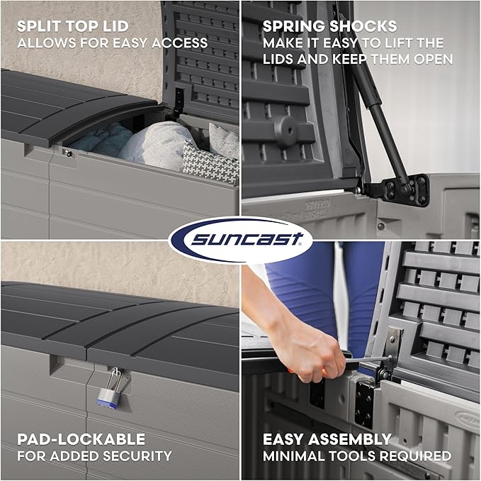Suncast 120-Gal. All-Weather Patio Deck Box with Pad-Lockable Split Top Lid, Extra-Large Outdoor Storage Unit for Patio Furniture and Grill Tools, Made in the USA-VerdiqueGarden