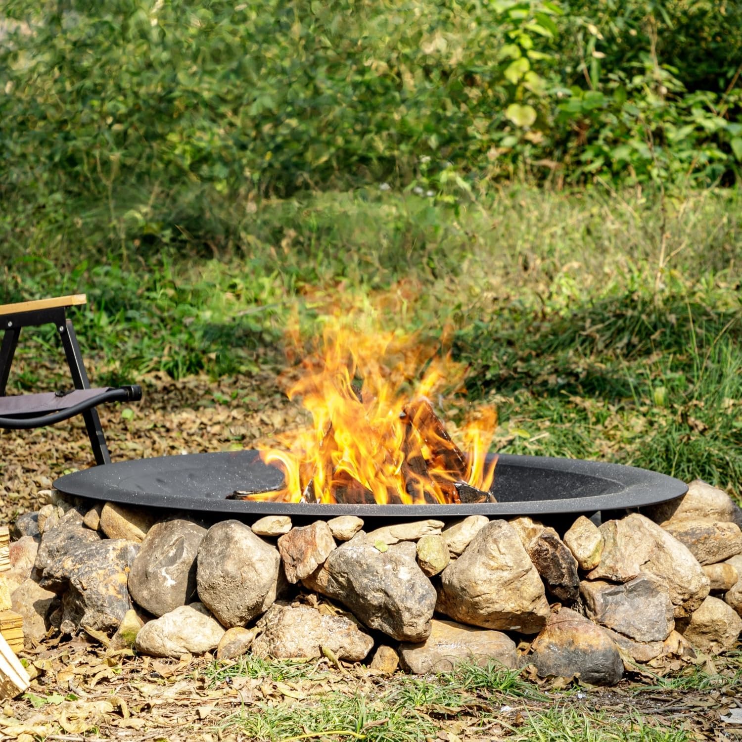 35 inch Steel Fire Bowl for DIY or Replacement Existing Fire Pits, Wood Burning Fire Pit Bowl with Spark Screen &Fire Poker, Fireplace for Backyard, Porch, Deck, Camping, BBQ (Circle Dot)-VerdiqueGarden