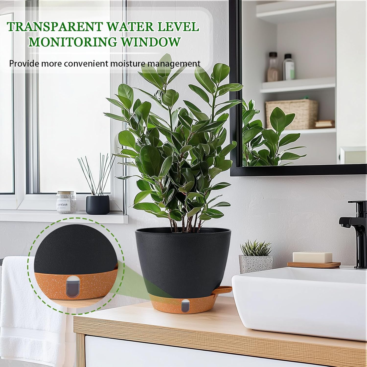 2 Pack 8 Inch Pots for Plants Indoor, Plastic Self Watering Planters with Drainage Holes, Water Level Indicator & Deep Reservoir, Decorative Flower Pots Indoor Outdoor Use (Black-VerdiqueGarden