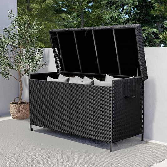 Grand patio 170 Gallon Deck Storage Box Deck Box Outdoor Storage Box Indoor Wicker Storage Bin Patio Storage Box for Patio Furniture Cushions Garden Tools Pool Accessories, Black-VerdiqueGarden