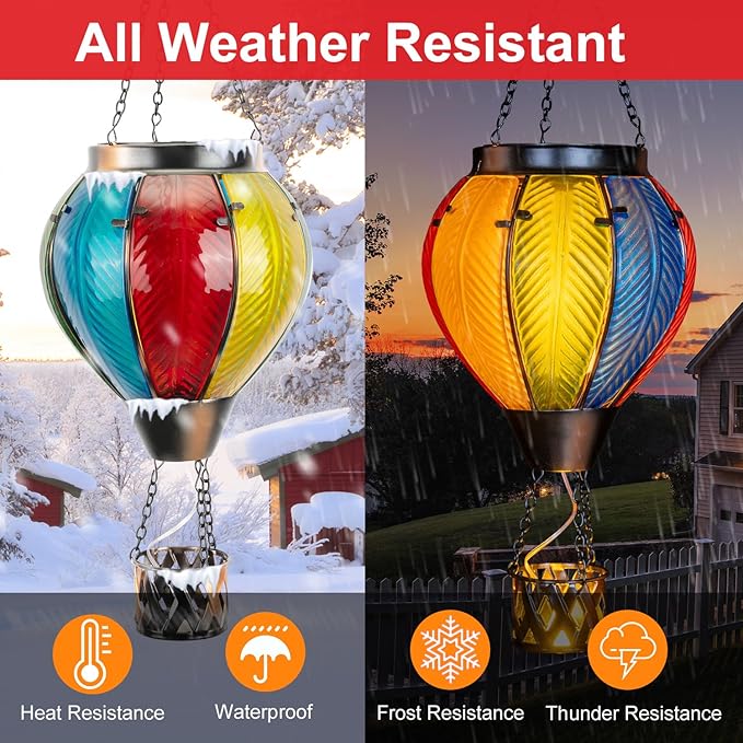 Hot Air Balloon Solar Lantern with Flickering Flame, Hanging Solar Lantern Metal Outdoor Waterproof Lights for Garden Yard Porch Patio Decorations Christmas Gifts (Multi-Colored Glass)-VerdiqueGarden