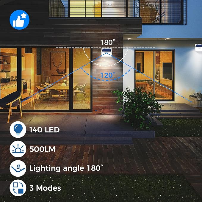 Peasur Solar Powered Lights Outdoor Motion Sensor, 2 Pack 140 LED Fence Light Waterproof, White Frame Security Wall Lighting for Outside Deck Yard Patio House Step-VerdiqueGarden