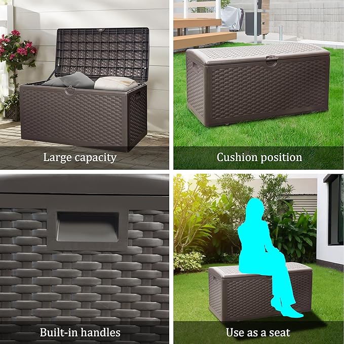 80 Gallon Pro Outdoor Storage Box Waterproof Lockable Resin Deck Box Large, Patio Storage Bin for Pool Accessories Cushion Furniture, Garden Tools, UV-Resistant Outside Delivery Brown-VerdiqueGarden
