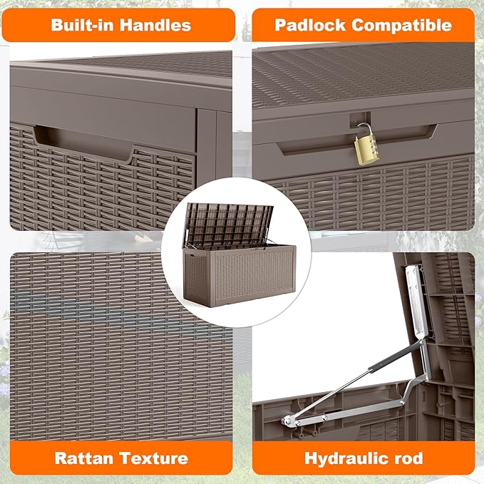 100 Gallon Resin Deck Box, Lockable Patio Outdoor Storage Box for Furniture, Garden Tools and Tools Storage, Waterproof Outside Storage Boxes - Grey-VerdiqueGarden