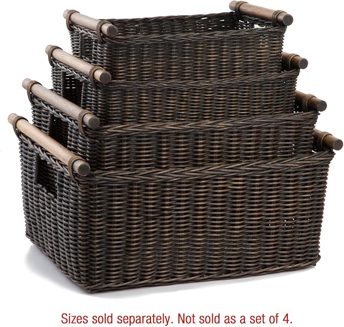 The Basket Lady Pole Handle Wicker Storage Basket, Small, 14 in L x 10 in W x 7.5 in H, Antique Walnut Brown-VerdiqueGarden