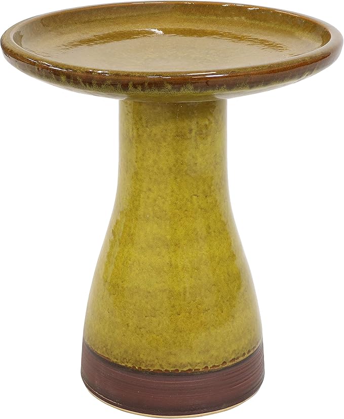 Sunnydaze 21" H Ceramic Bird Bath for Outside - Hand-Painted Outdoor Bird Bath Bowl, UV/Frost-Resistant Finish - Cognac Yellow - Ribbed Pedestal-VerdiqueGarden