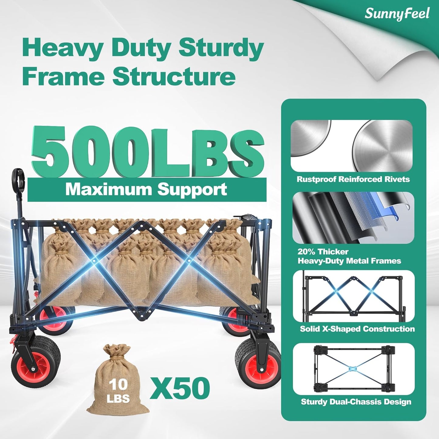 SUNNYFEEL Heavy Duty Collapsible Outdoor Utility Wagon Cart 500LB Capacity Adjustable Handlebar,Foldable Beach Wheels Stable Durable Oxford Fabric for Shopping Garden Camping (Red, Tall Version)-VerdiqueGarden