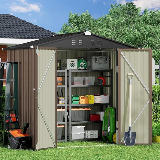 Gizoon Outdoor Storage Shed 6 x 4 FT, Galvanized Metal Garden Shed with Double Lockable Doors, Outdoor Storage Clearance for Backyard Patio Lawn-Light Brown-VerdiqueGarden