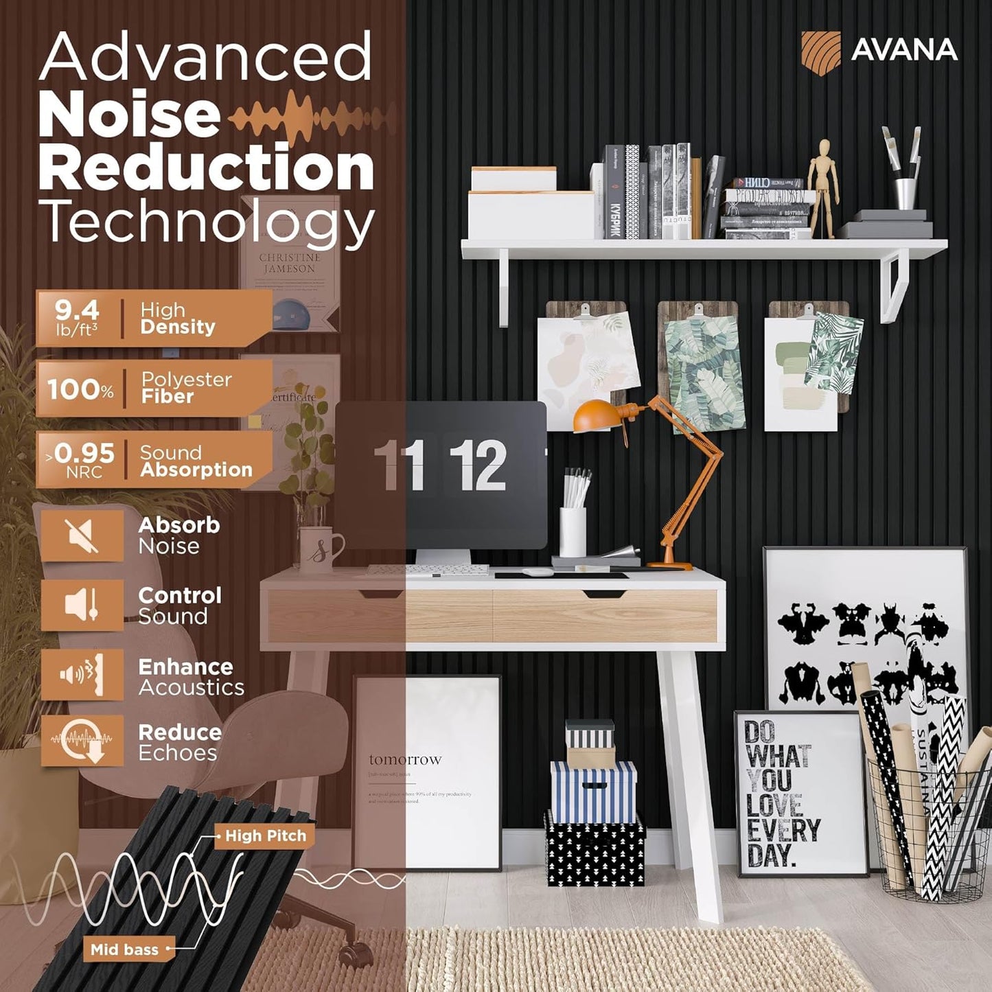 Avana Modern Acoustic Wood Wall Panels – 47.2 X 12.6 Inch Black Oak Acoustic 2 PCs – Wall Panels For Interior Wall Decor For Homes, Offices, Studios – Sturdy And Durable Wood Panels For Wall-VerdiqueGarden