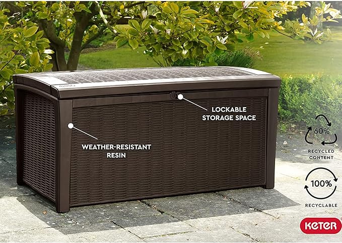 Keter Outdoor Storage Deck Box, for Patio, Backyard & Garden, Borneo, 110 Gallon, Brown - Lockable, Organizing, and Waterproof Plastic Container Bench-VerdiqueGarden