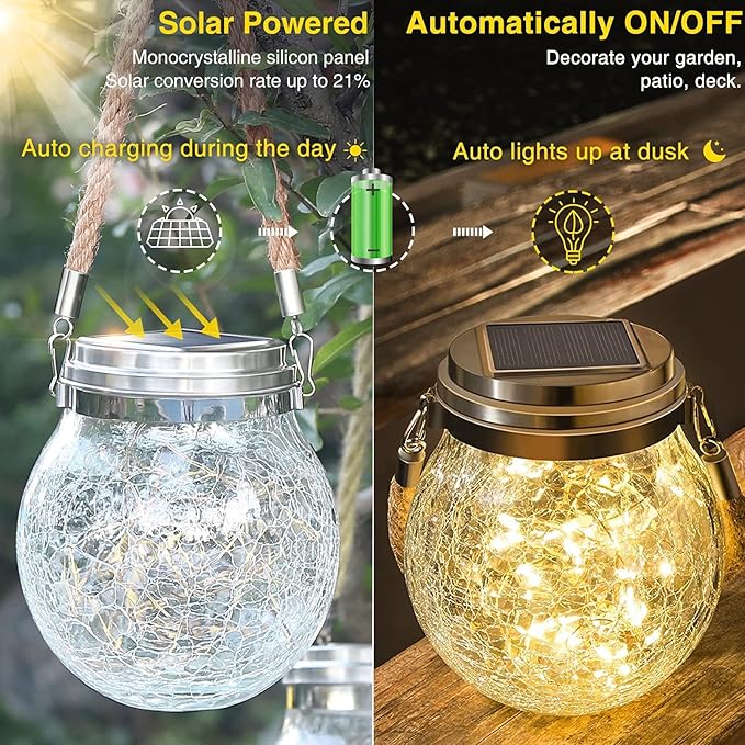 ROSHWEY Solar Lanterns Outdoor Waterproof, 4 Pack Garden Lights Outdoor Lantern Paito Decor Christmas Gifts Solar Globe Lights Outdoor Hanging for Backyard Porch Balcony Decoration, Warm White-VerdiqueGarden