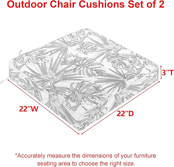 Favoyard Outdoor Chair Cushion 22 x 22 x 3 In Waterproof Pattern Fade Resistant Cushions for Patio Furniture with Removable Cover Attach Straps 28D Foam Insert Cushions Pads for Seat Sofa Couch 2 Pack-VerdiqueGarden