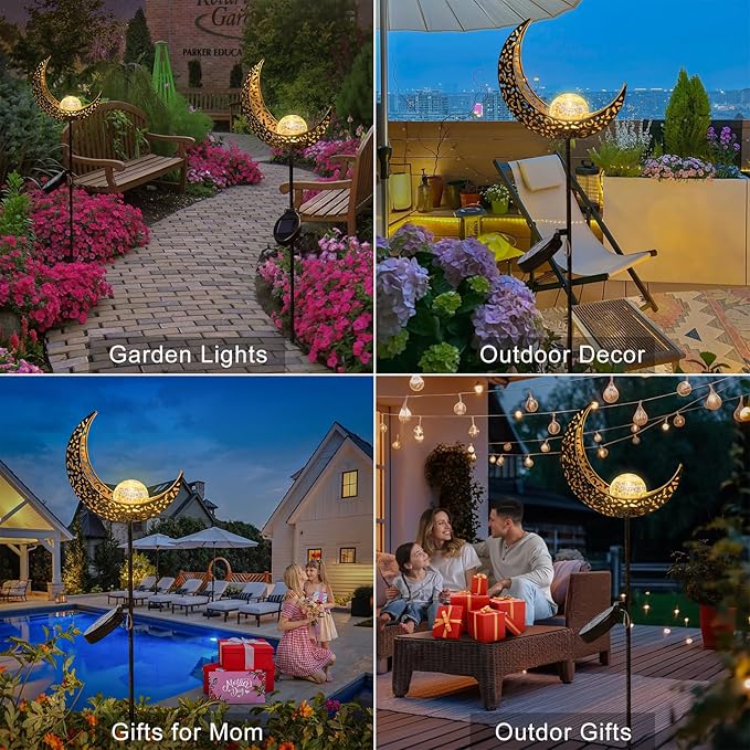HOMEIMPRO 2Pack Moon Garden Solar Lights Outdoor Stakes Waterproof, Gifts for Mom, Crackle Glass Patio, Backyard Decorations, Balcony Lawn Ornaments, for Women Men Grandma (Bronze)-VerdiqueGarden