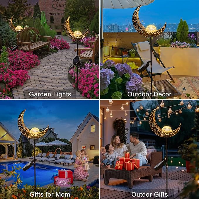 HOMEIMPRO 2Pack Moon Garden Solar Lights Outdoor Stakes Waterproof, Gifts for Mom, Crackle Glass Patio, Backyard Decorations, Balcony Lawn Ornaments, for Women Men Grandma (Bronze)-VerdiqueGarden