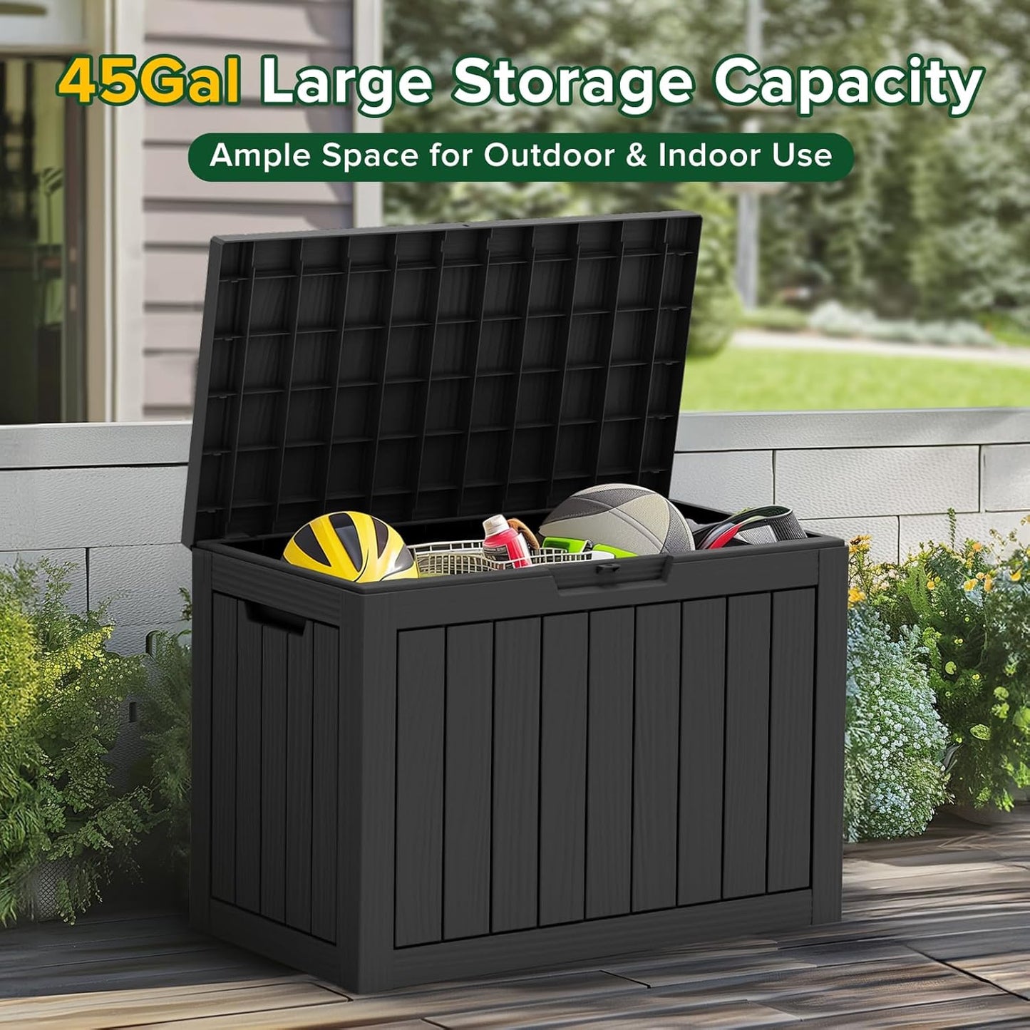 45 Gallon Waterproof Deck Box, Lockable Resin Storage Box for Patio Furniture Cushions, Garden Tools & Outdoor Delivery - Black, Easy Assembly, Multipurpose Patio Seat Bench-VerdiqueGarden