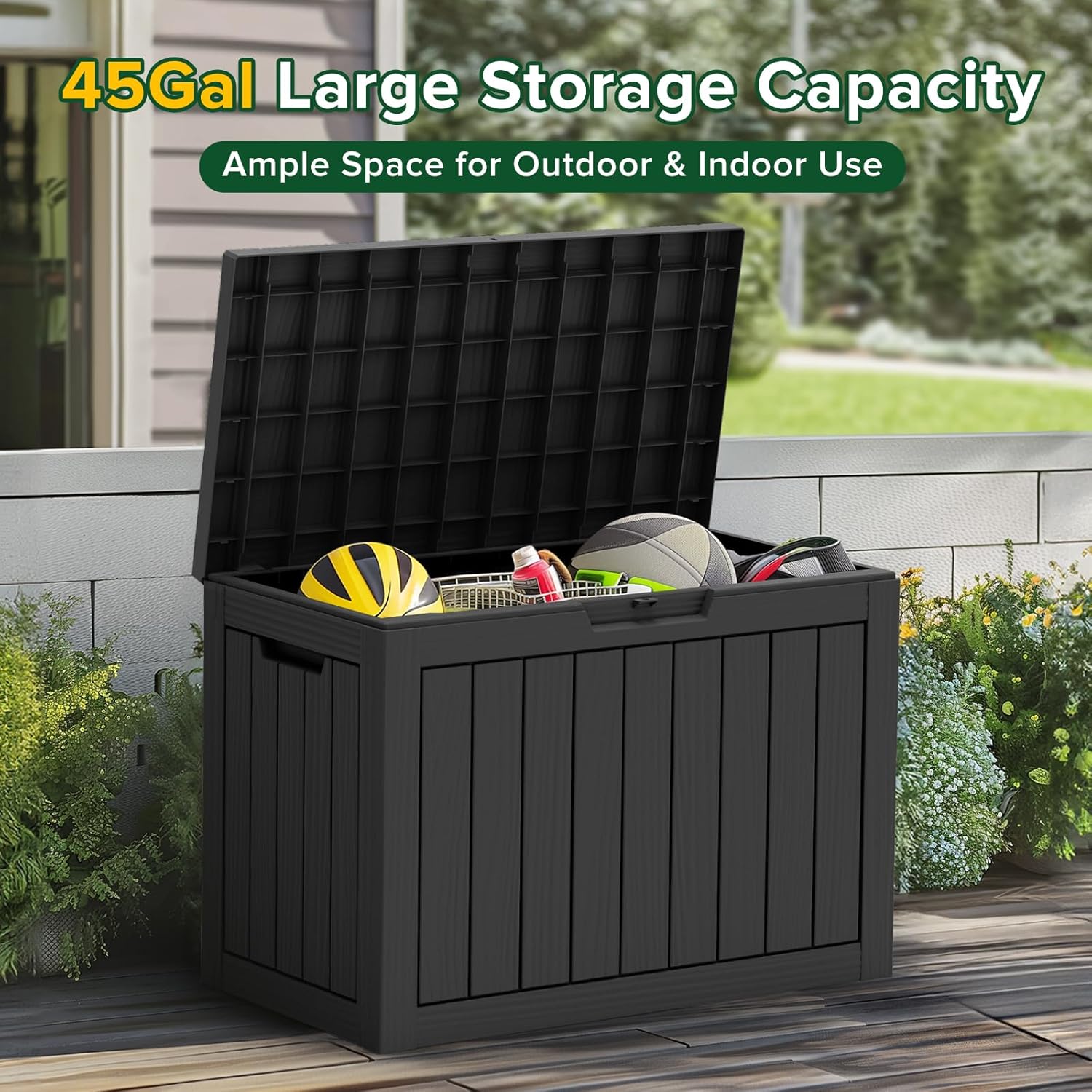 45 Gallon Waterproof Deck Box, Lockable Resin Storage Box for Patio Furniture Cushions, Garden Tools & Outdoor Delivery - Black, Easy Assembly, Multipurpose Patio Seat Bench-VerdiqueGarden
