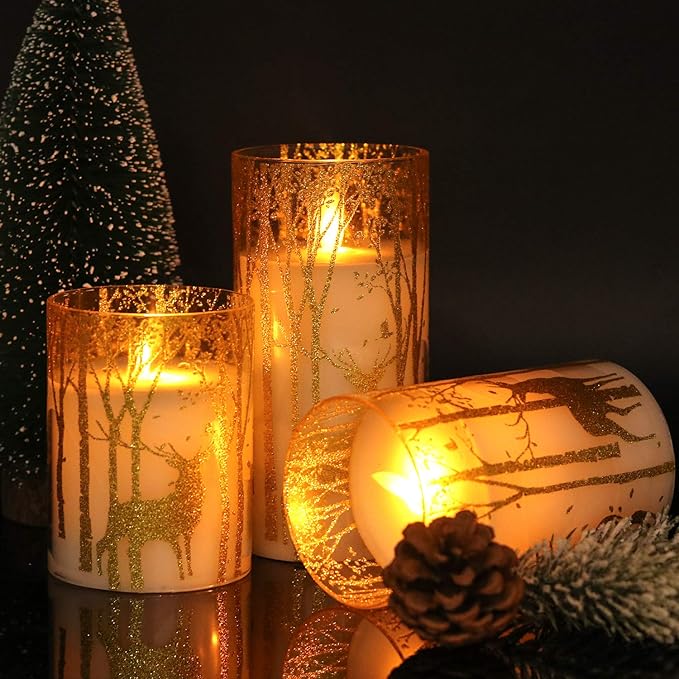 Christmas Deer Flameless Candles with Remote Timer, Glass Battery Operated Pillar Candles with Gold Elk Decor, LED Flickering Candles with 3D Wick and Real Wax for Winter Christmas Home Decor-VerdiqueGarden
