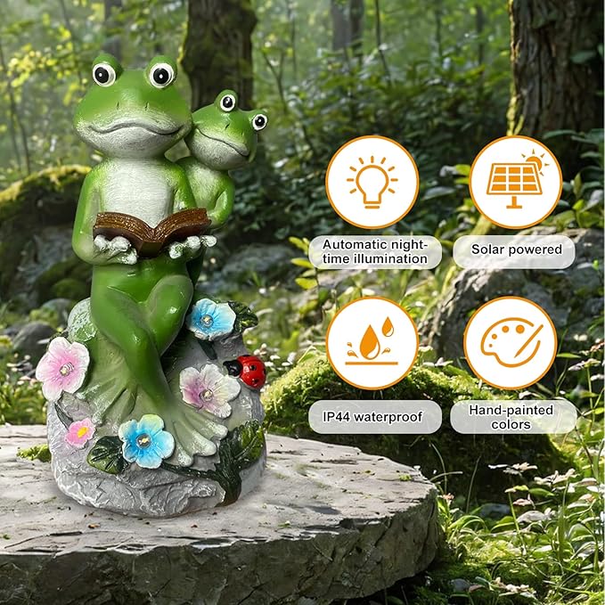 Frog Garden Statue,Frog Garden Decor,Solar Frog Statue Sitting on a Stone Reading a Book with 5 LEDs for Lawn Patio Yard Porch Decoration, Outdoor Garden Decor, yijiayi-008-VerdiqueGarden
