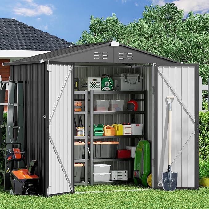 Gizoon Outdoor Storage Shed 6 x 4 FT, Galvanized Metal Garden Shed with Double Lockable Doors, Outdoor Storage Clearance for Backyard Patio Lawn-Dark Grey-VerdiqueGarden