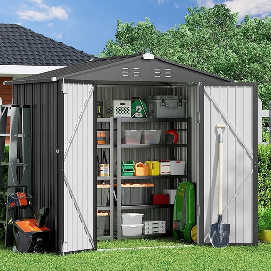 Gizoon Outdoor Storage Shed 6 x 4 FT, Galvanized Metal Garden Shed with Double Lockable Doors, Outdoor Storage Clearance for Backyard Patio Lawn-Dark Grey-VerdiqueGarden