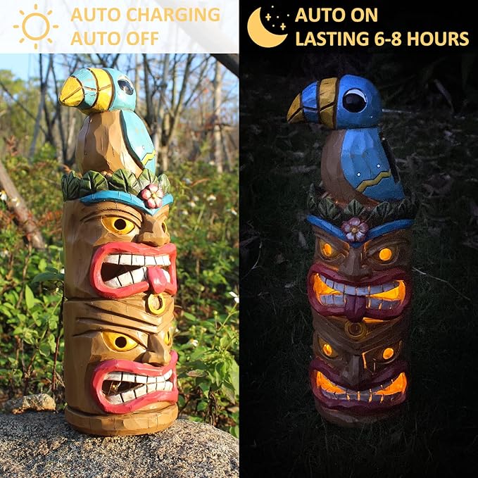 Tiki Totem Pole-Solar Tiki Statue Head Decor - 12.32 inch Tall Tiki Decorations for Tiki Bar Outdoor Patio Balcony Yard Backyard-VerdiqueGarden