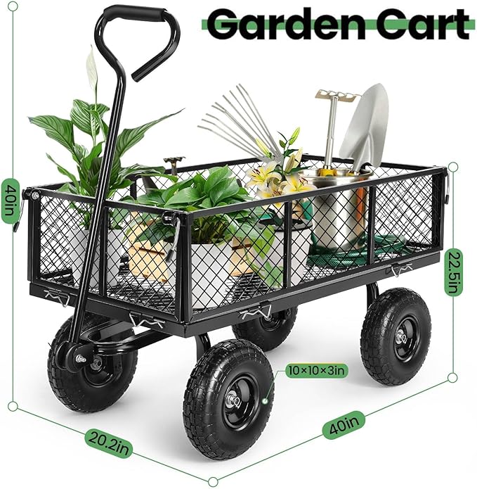 Homdox MAX 880LB Garden Cart, Heavy Duty Garden Wagon, Mesh Foldable Garden Cart, Pullable Gardens Wagon with 180° Rotating Handle, Collapsible Garden Carts for Yard Beach Farm, Black with Bag-VerdiqueGarden