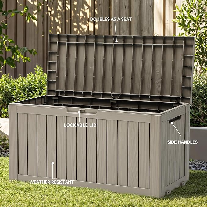 YITAHOME 72 Gallon Outdoor Resin Deck Box with Wheels, Pool Storage Box for Outdoor Cushions, Sports Equipment, Garden Tools, Light Brown-VerdiqueGarden