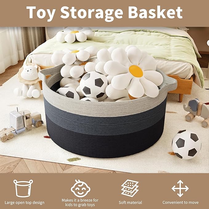 125L Extra Large Blanket Basket, 25" x 16", Jumbo Laundry Woven Baskets Decorative Home, Cotton Rope Basket with Handles, Baby Toy Baskets for Storage, Gradual Blue, 2PC-VerdiqueGarden