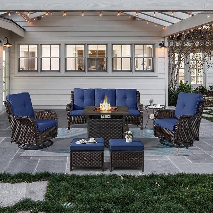 Outdoor Patio Furniture Set with Propane Fire Pit Table, 7 Pieces Wicker Patio Conversation Set with 2 Swivel Glider Rocker Chairs Rattan Sofa Blue Cushion Perfect for Casual Gathering-VerdiqueGarden