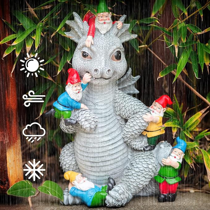 Dragon Gnome Statues Outdoor Decor, 13” Dinosaur Play with Gnomes Garden Statue, Outdoor Statue for All Season Lawn Decor, Garden Decoration, Gardening Gift-VerdiqueGarden