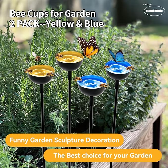 2 Pack Bee Cups For Garden, Bee Waterer And Butterfly Water Stations, Bee Water Catcher Cups For Thirsty Pollinators, Bee Bath, Colorful Metal Garden Sculpture Stakes Decor, Bee Houses For The Garden-VerdiqueGarden