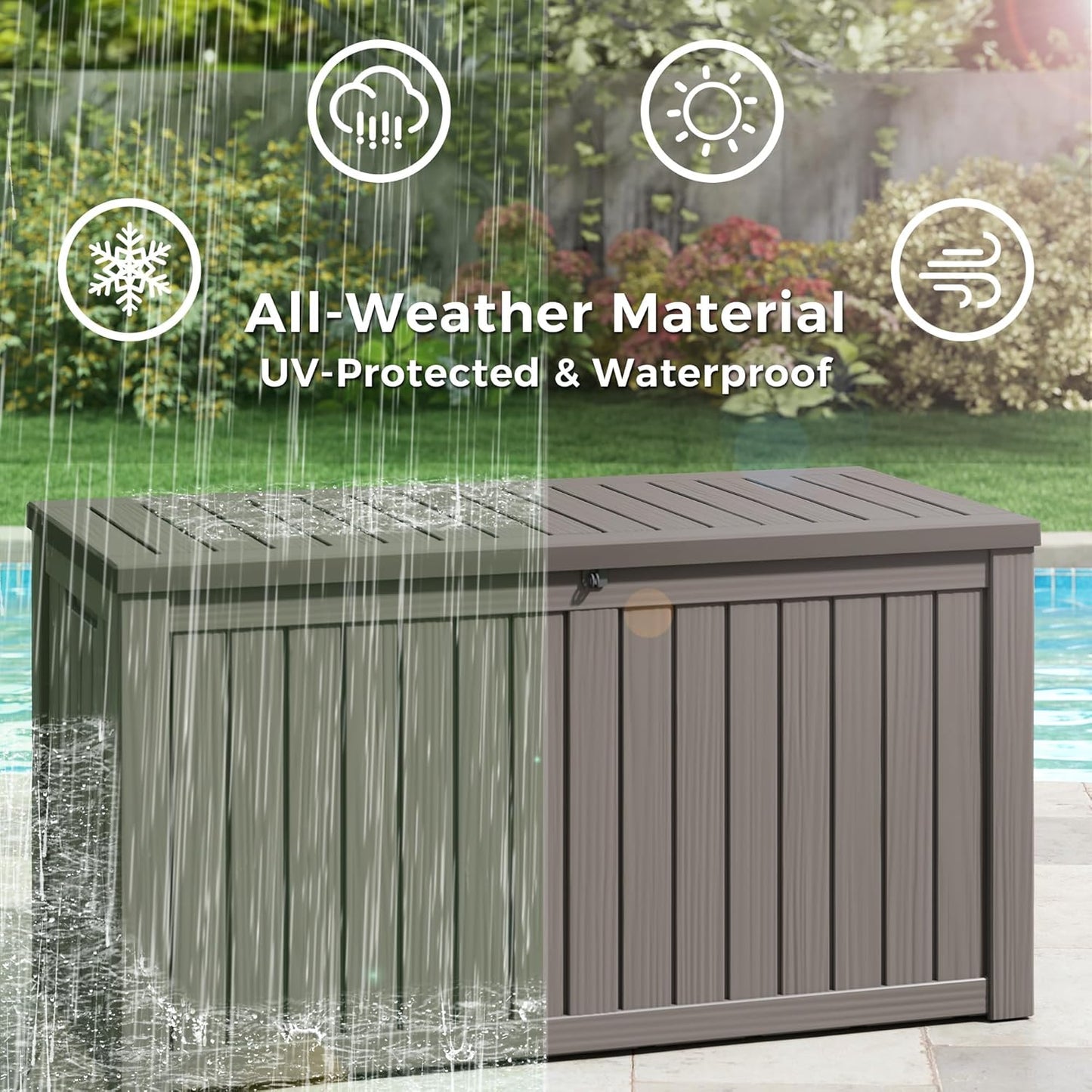 150 Gallon Resin Deck Box, Large Indoor and Outdoor Storage Box, Weatherproof and UV Resistant Outdoor Storage Box with Built-in Steel Beams for Patio, Cushions, Pool Supplies-VerdiqueGarden
