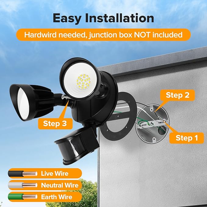 UME LED Security Light Motion Sensor Outdoor Lights, 27W 3000LM, 5000K, IP65 Waterproof, Dusk to Dawn, 2 Head Motion Detector Flood Light for Outside, Garage, Yard (Black)-VerdiqueGarden