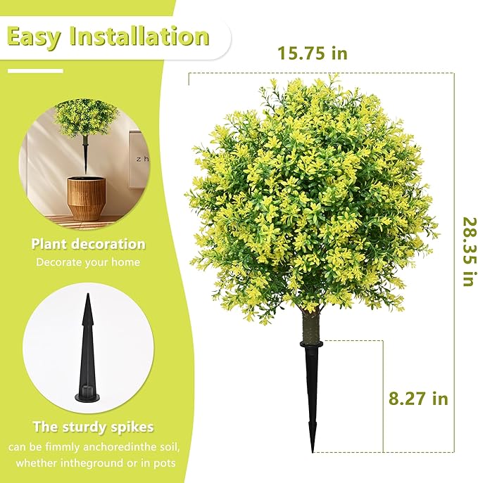 28" Artificial Boxwood Topiary Tree Yellow– UV Resistant Outdoor Faux Topiary Plant, Realistic Fake Topiary Bush for Porch, Patio, Front Door, Fake Evergreen Tree Home Decor-VerdiqueGarden