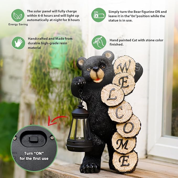 Garden Decor Solar Statues: Mothers Day Gifts for Mom Grandma Birthdays for Women Sister Wife Lady - Front Patio Balcony Yard Art Lawn Ornaments Porch Outdoor Outside Decorations (Bear)-VerdiqueGarden