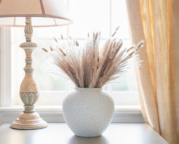 White Ceramic Vase Flower Vase, Big Textured Round Vase for Centerpieces, Kitchen, Living Room, Bedroom Decor Gifts-VerdiqueGarden