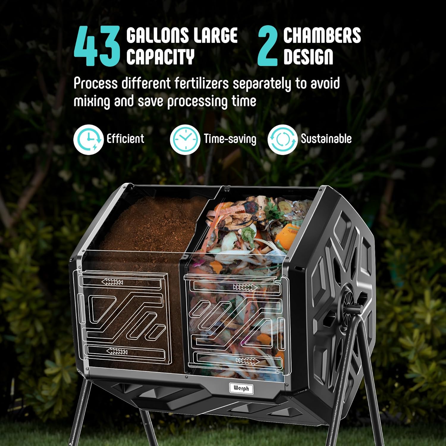 Compost Bin Outdoor Composter, Fast Assembly 43 Gallon Dual Chamber Outdoor Compost Tumbler, Heavy Duty Tumbling Rotating Composter for Patio, Garden,Yard, Black, Easy Setup, Gloves Included-VerdiqueGarden