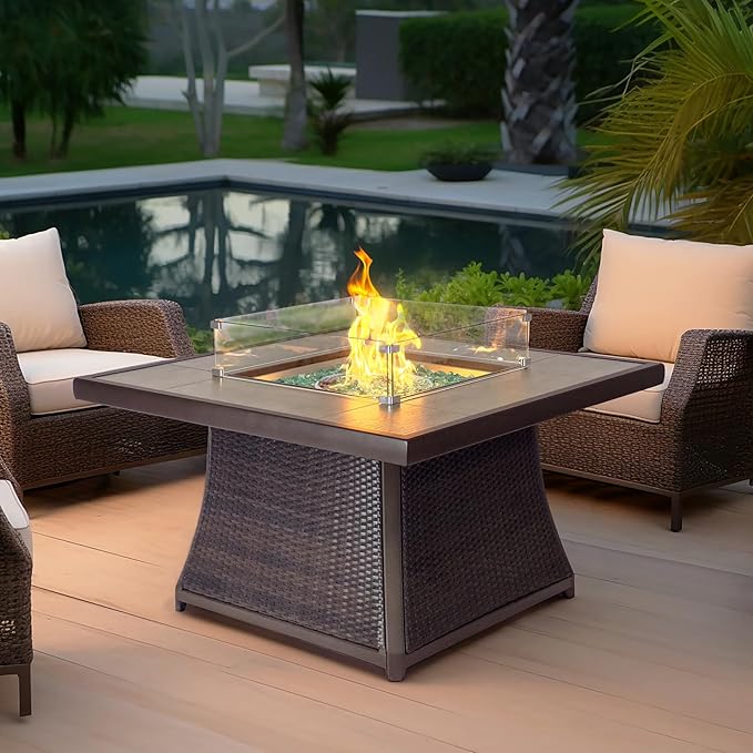 42" Outdoor Fire Pit Table for Patio, Propane Fire Pit Coffee Table with Square Base Patio Heater, CSA Certified, 50,000 BTU Stainless Steel Burner-VerdiqueGarden