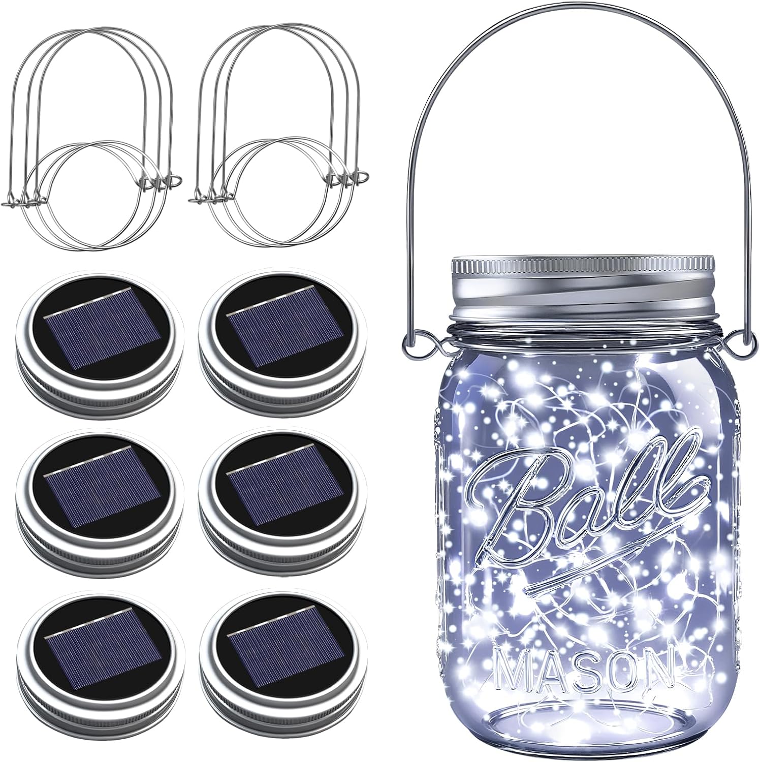 ZNYCYE Solar Mason Jar Lights, 6 Pack 30 LED Waterproof Solar Fairy Firefly Jar Lids String Lights with Hangers(NO Jars) for Outdoor Lawn Patio Garden Yard Wedding Decoration - Cool White-VerdiqueGarden