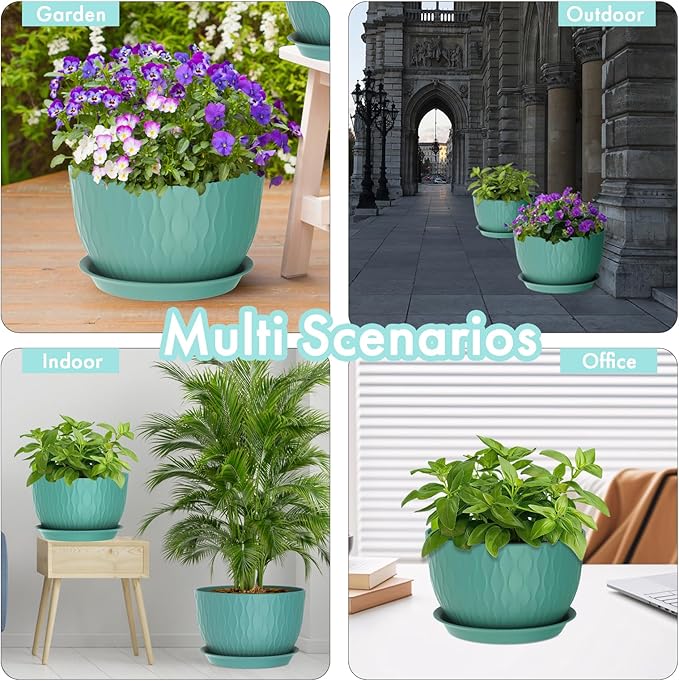 12 Inch Large Plant Pots for Indoor or Outdoor Plants, Wide Water Ripples Flower Pots with Drainage Holes & Saucer, Plastic Planters Set for Garden & Home Decor (Blue Green)-VerdiqueGarden