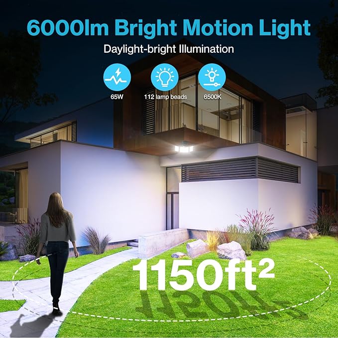 Olafus 65W Motion Sensor Outdoor Light, 2 Pack LED Security Light 6000LM, 6500K Exterior Motion Flood Light with 3 Adjustable Heads, for Outside Garage, Yard, Patio, IP65 Waterproof, Black-VerdiqueGarden